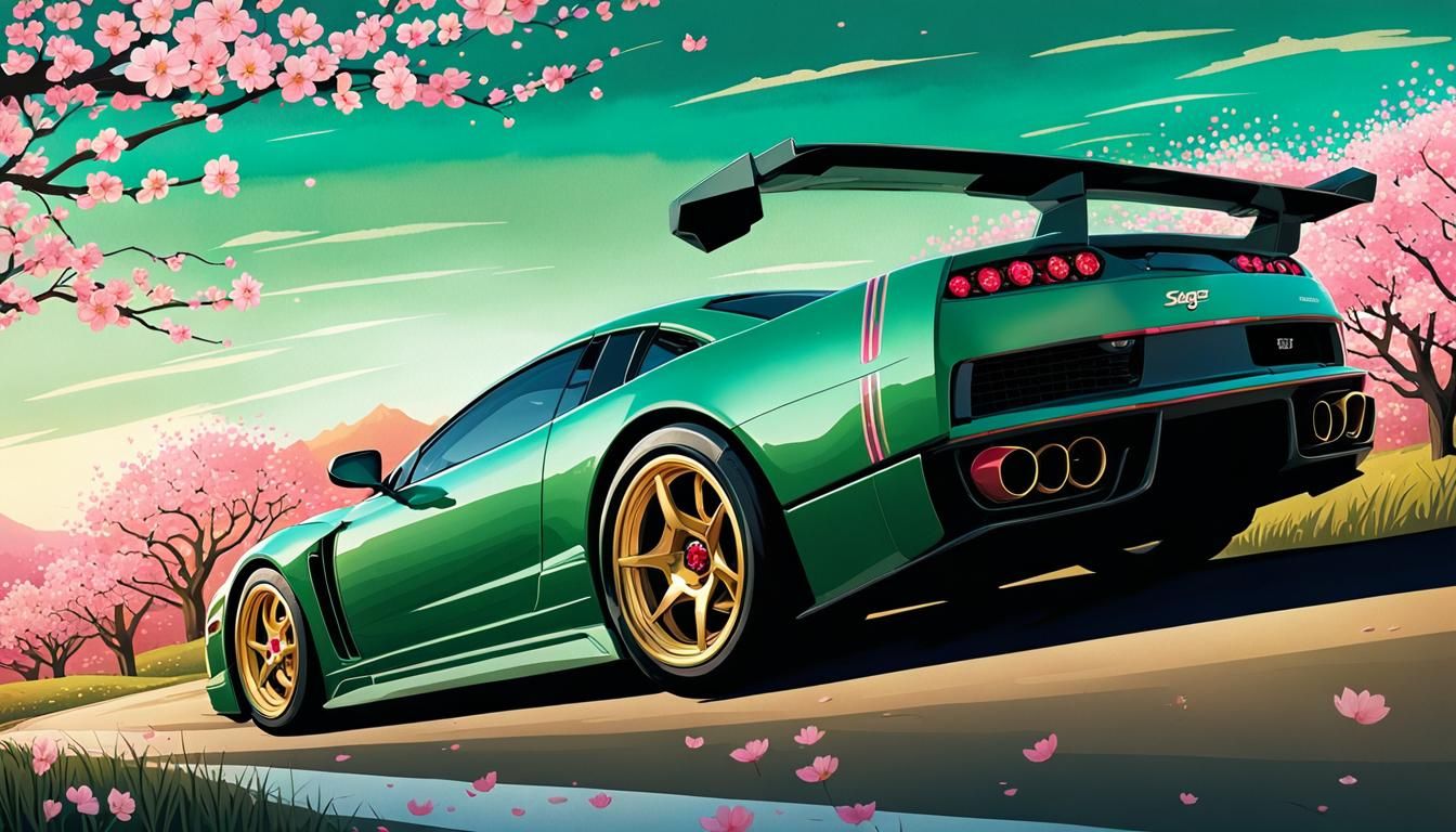 Green Sports Car Speeds Through Cherry Blossoms