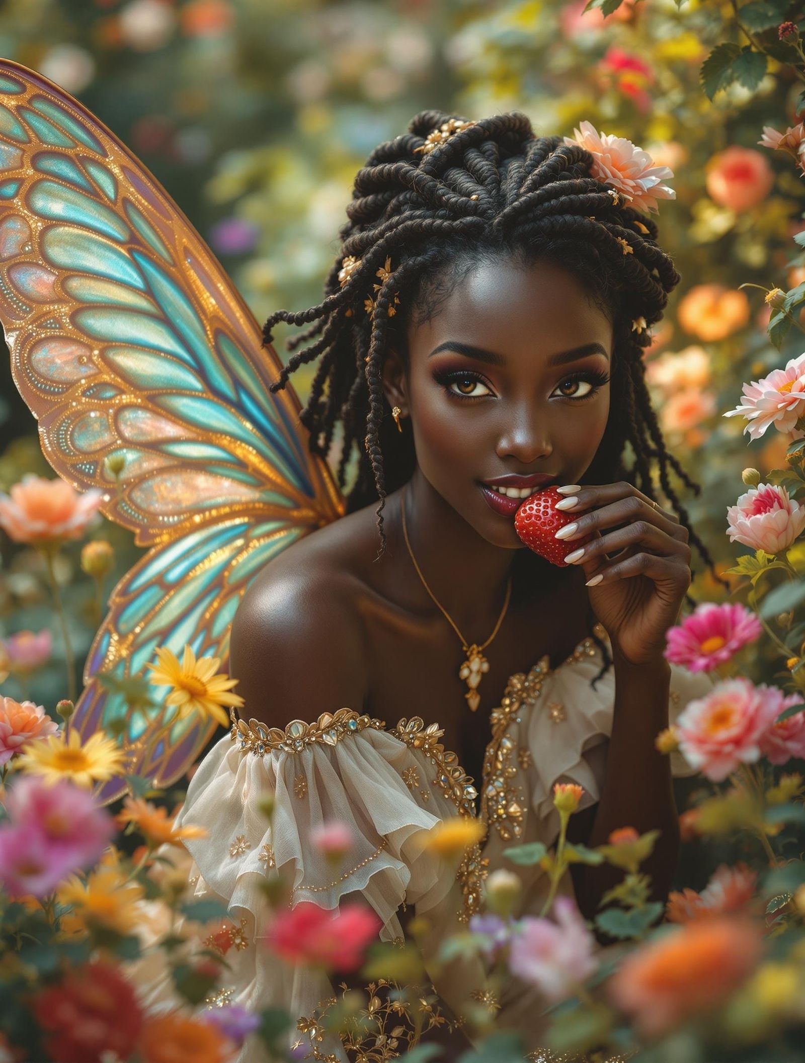 Ebony Fairy Biting into a Plump Strawberry in a Vibrant Gard...