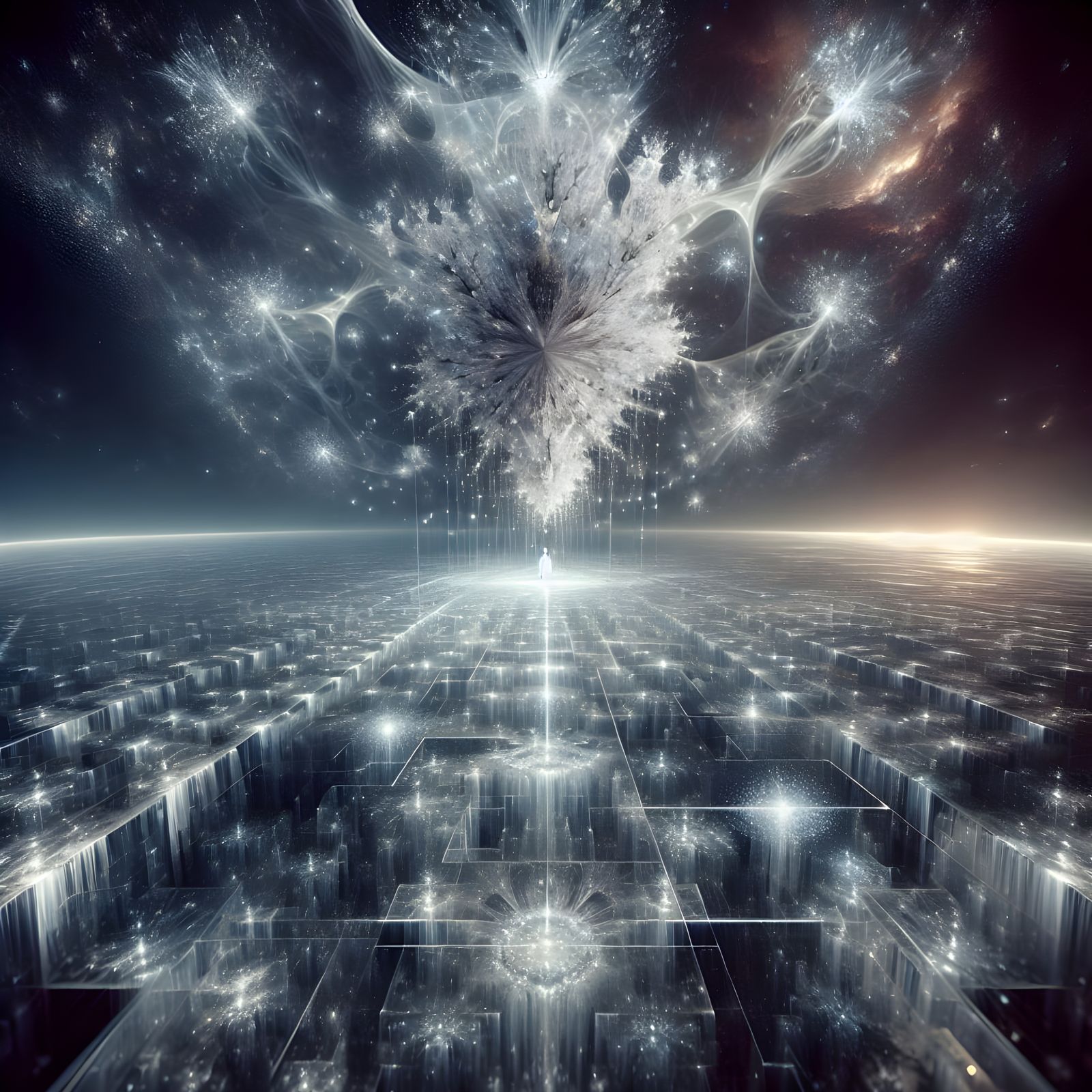 Ethereal Fractal Landscape with Radiant Crystal Tree
