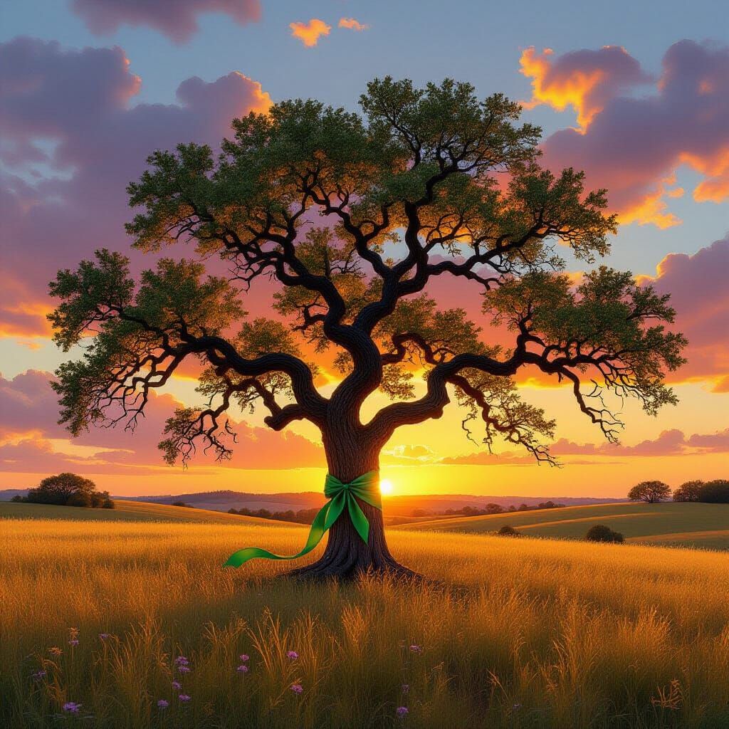 Lone Oak Tree in Texas Field at Sunset