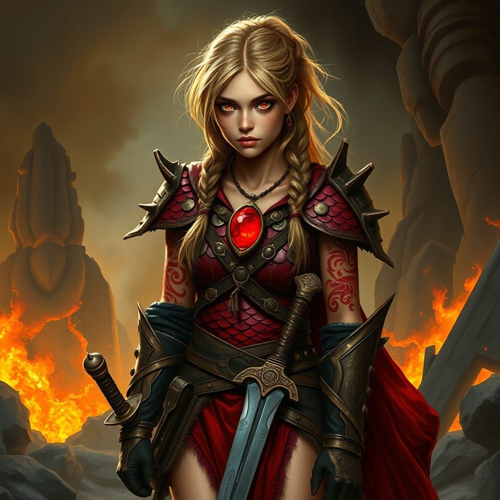 Weary Fantasy Warrior Emerges from Tartarus in Crimson Armor