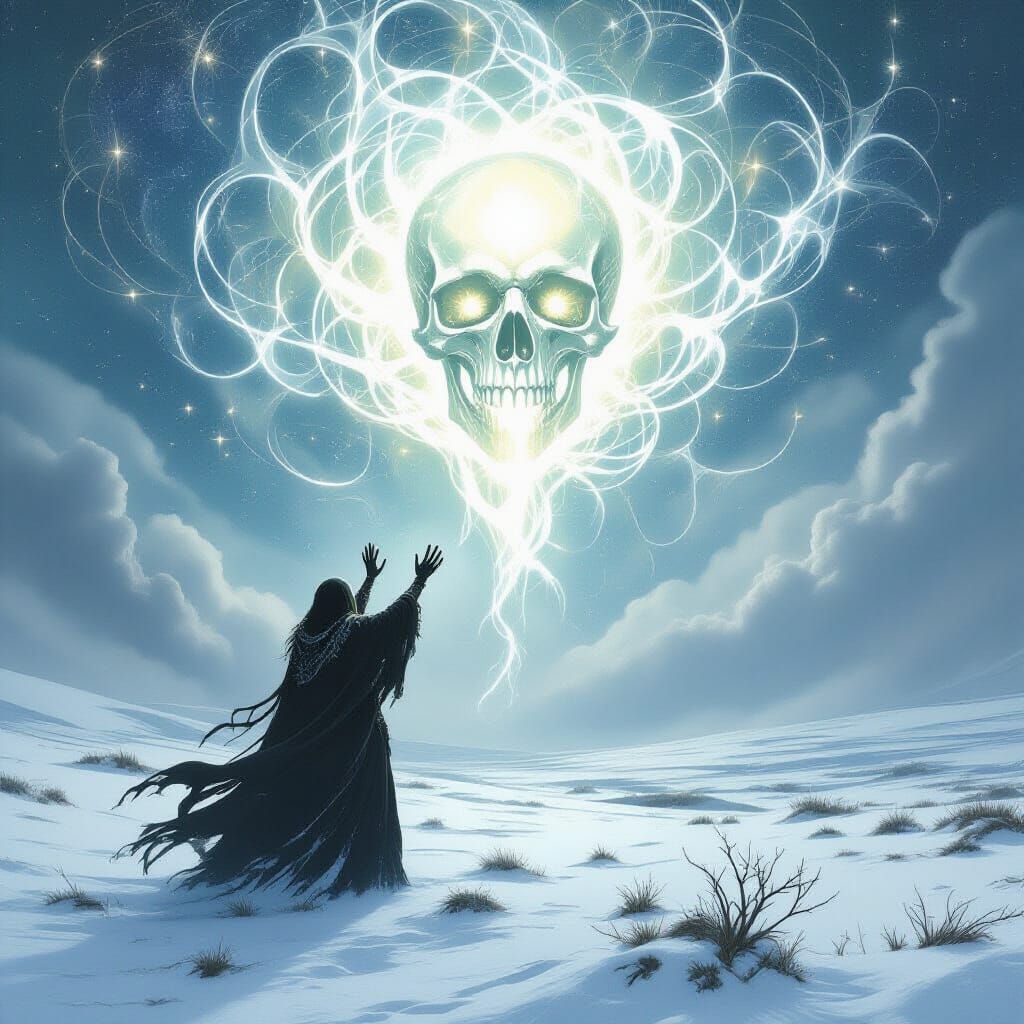 Necromancer on Snowy Moor Under Cosmic Skull Sky