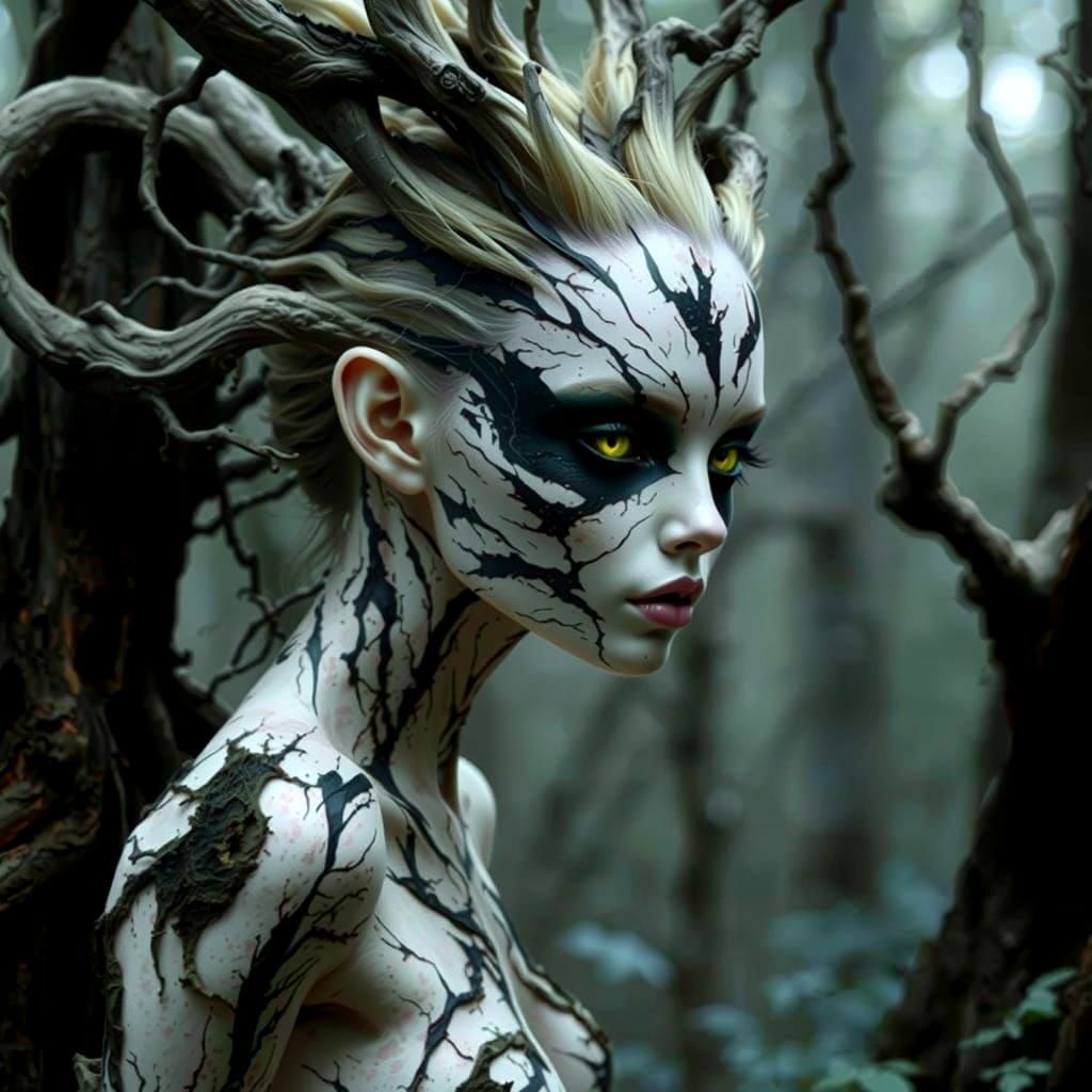 Ethereal Maiden Amidst Ancient Trees in Mystical Forest