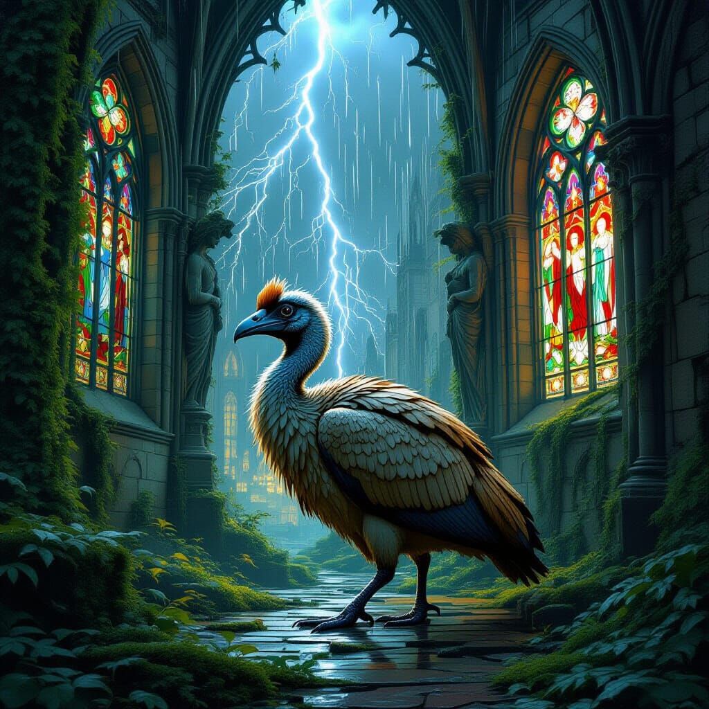 Dodo Bird Walks Cathedral Ruins in Dark Fantasy Style