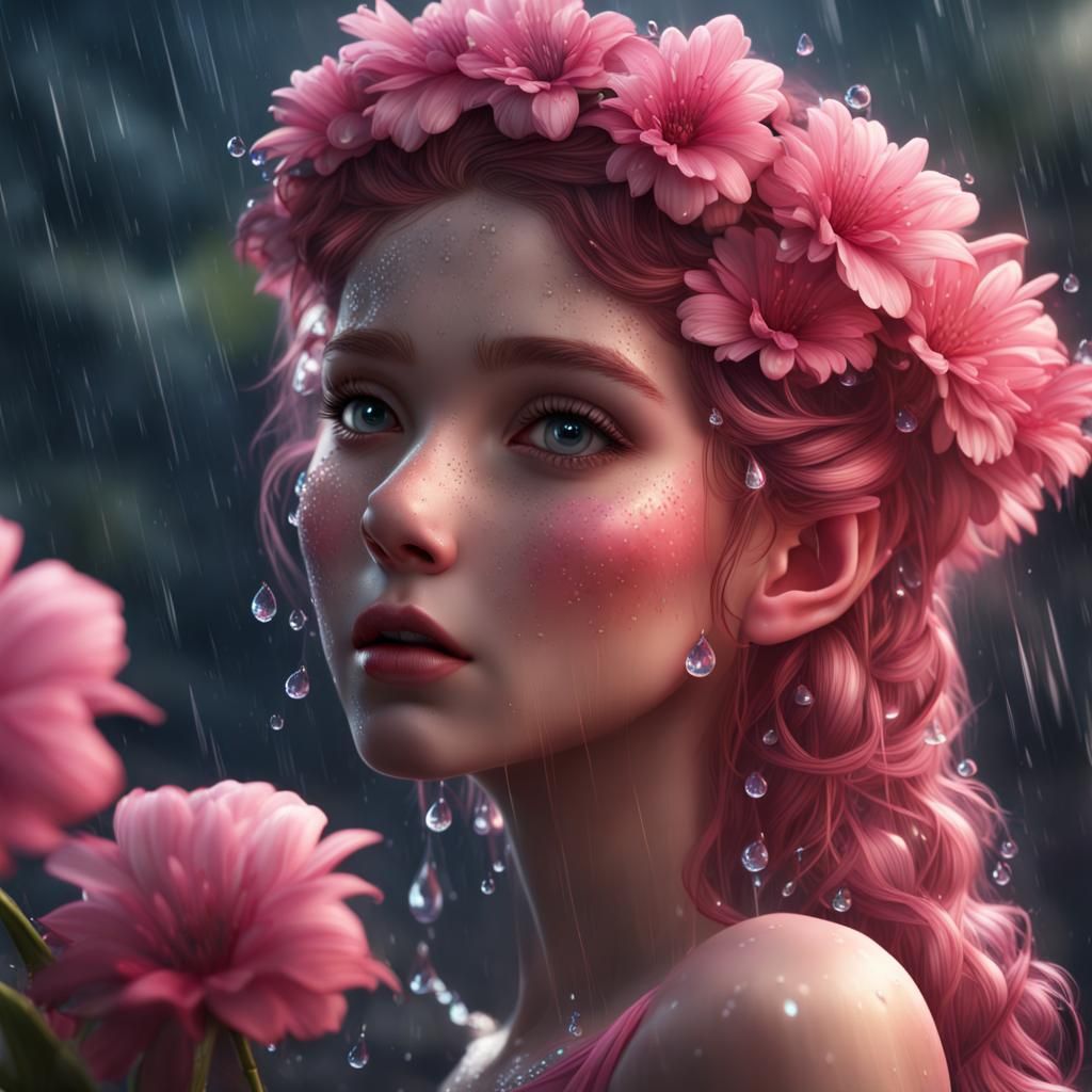 Pink Flower Fairy Gazing at Raindrop in Detailed Digital Pai...