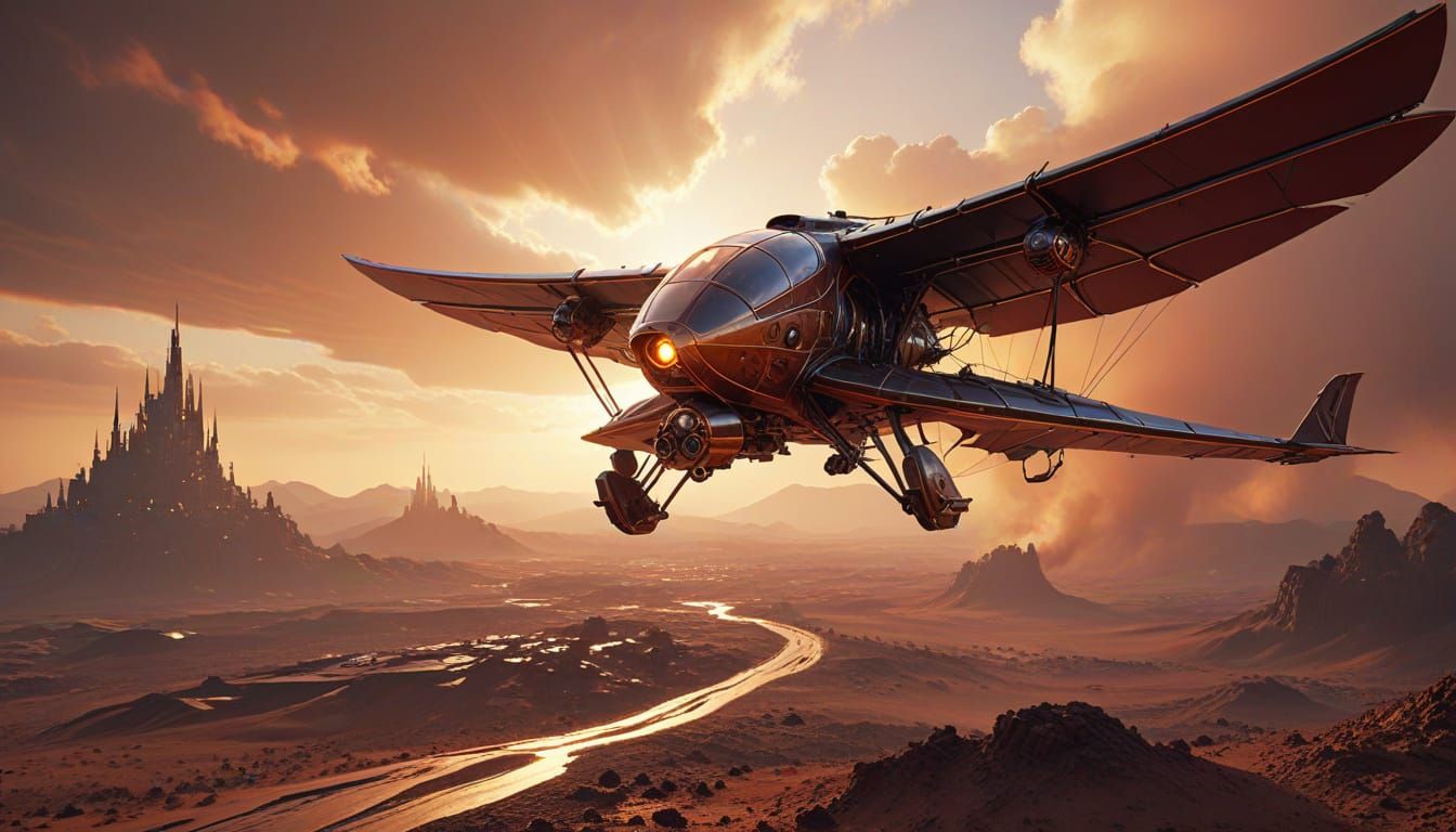 Steampunk Ornithopter Soaring Over Martian City