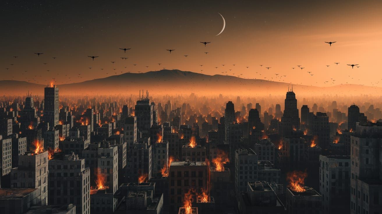 Panoramic View of Abandoned City at Night