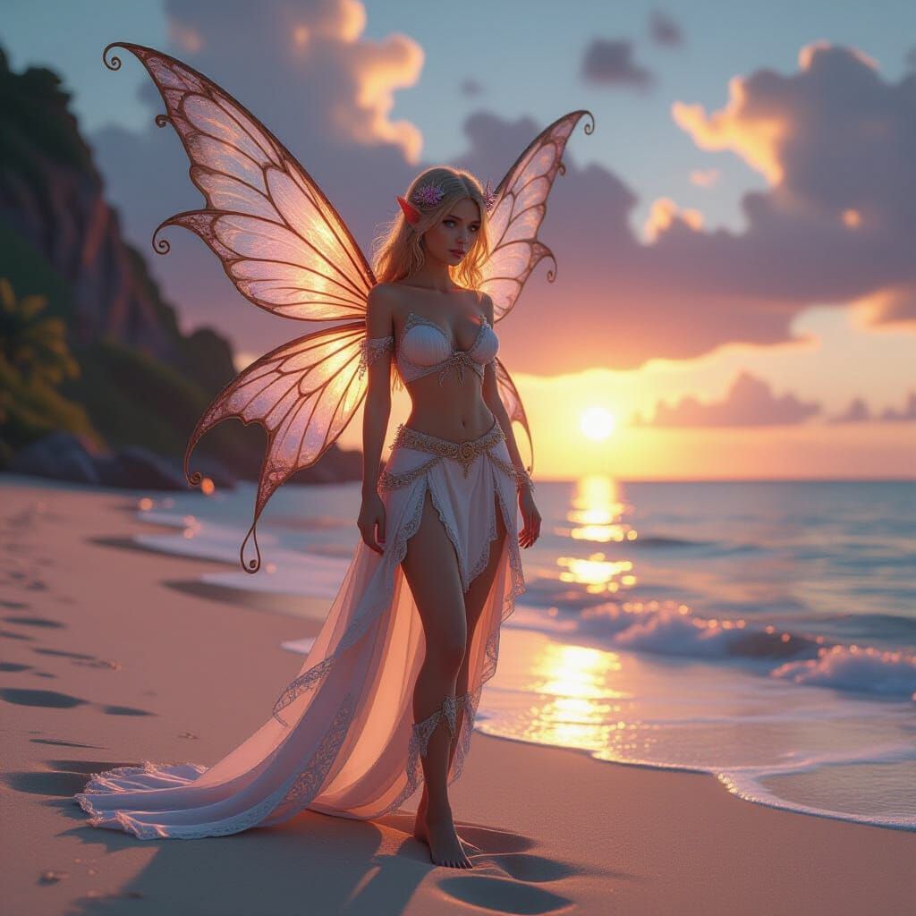 Detailed Fairy on Beach at Sunset, Matte Painting Style