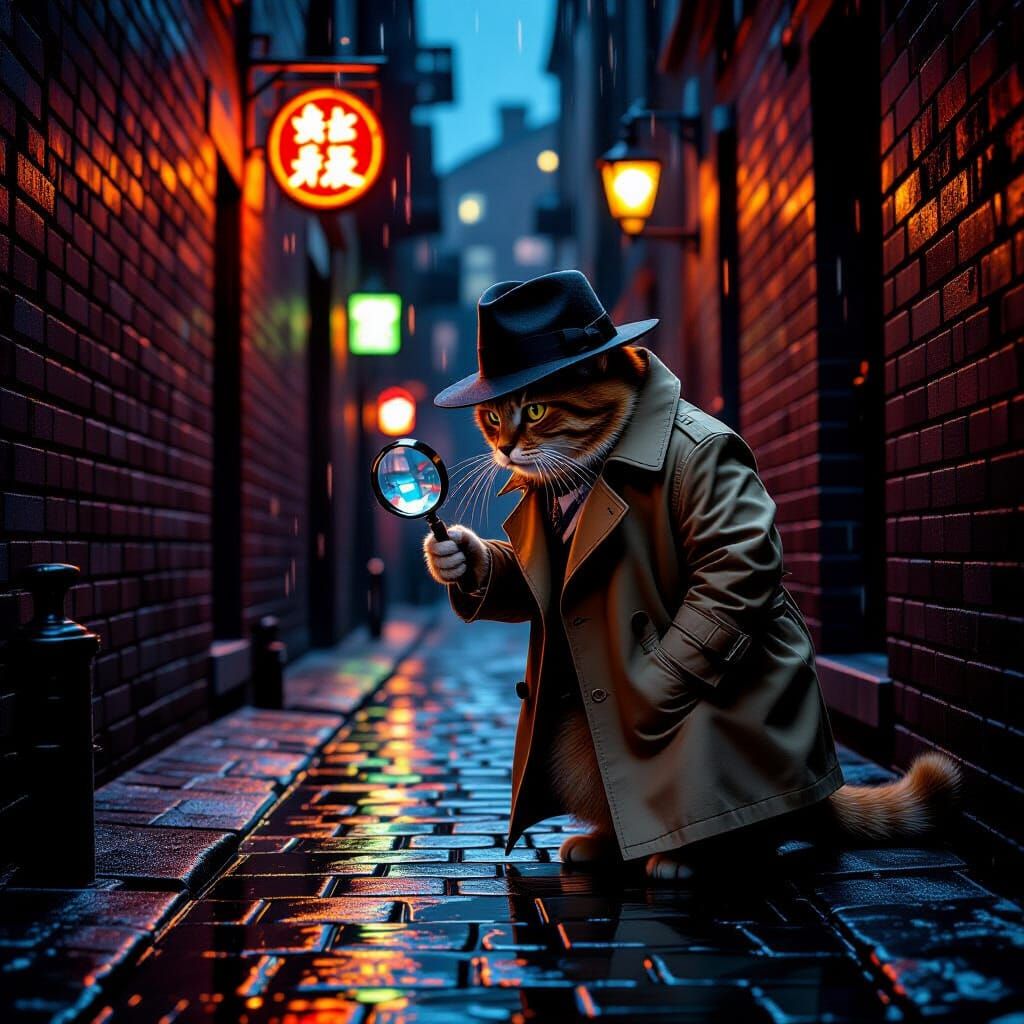 Ginger Cat Detective in Rainy Noir Alley
