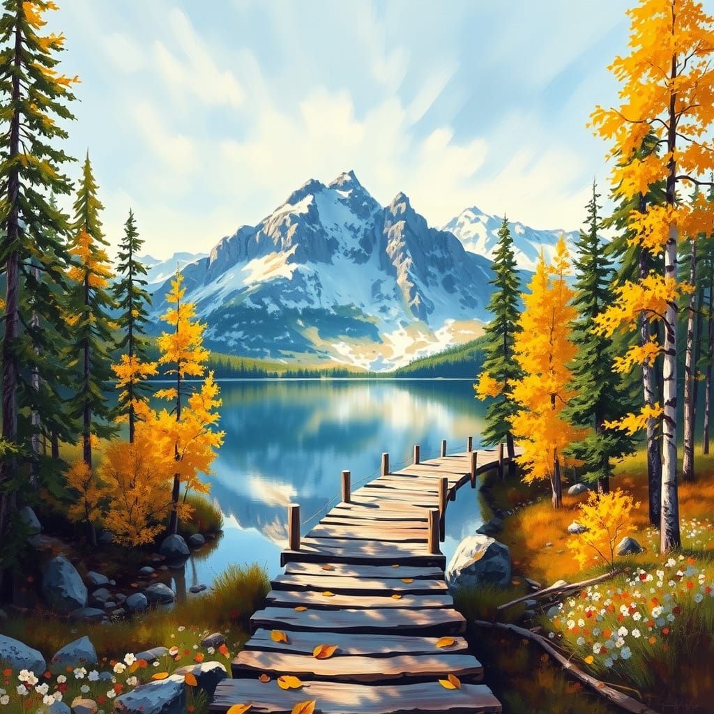 Autumn Swiss Alps Mountain Lake Footbridge Impressionist Pai...