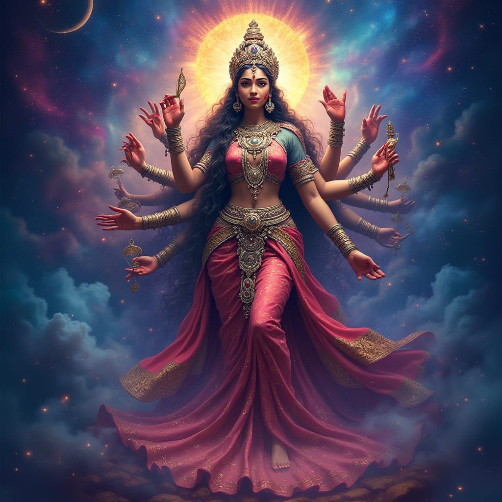 Cosmic Goddess Rajarajeshwari in Vibrant Astral Splendor