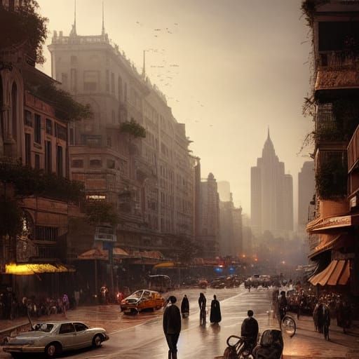 Vibrant Boulevard Scene: A Digital Matte Painting