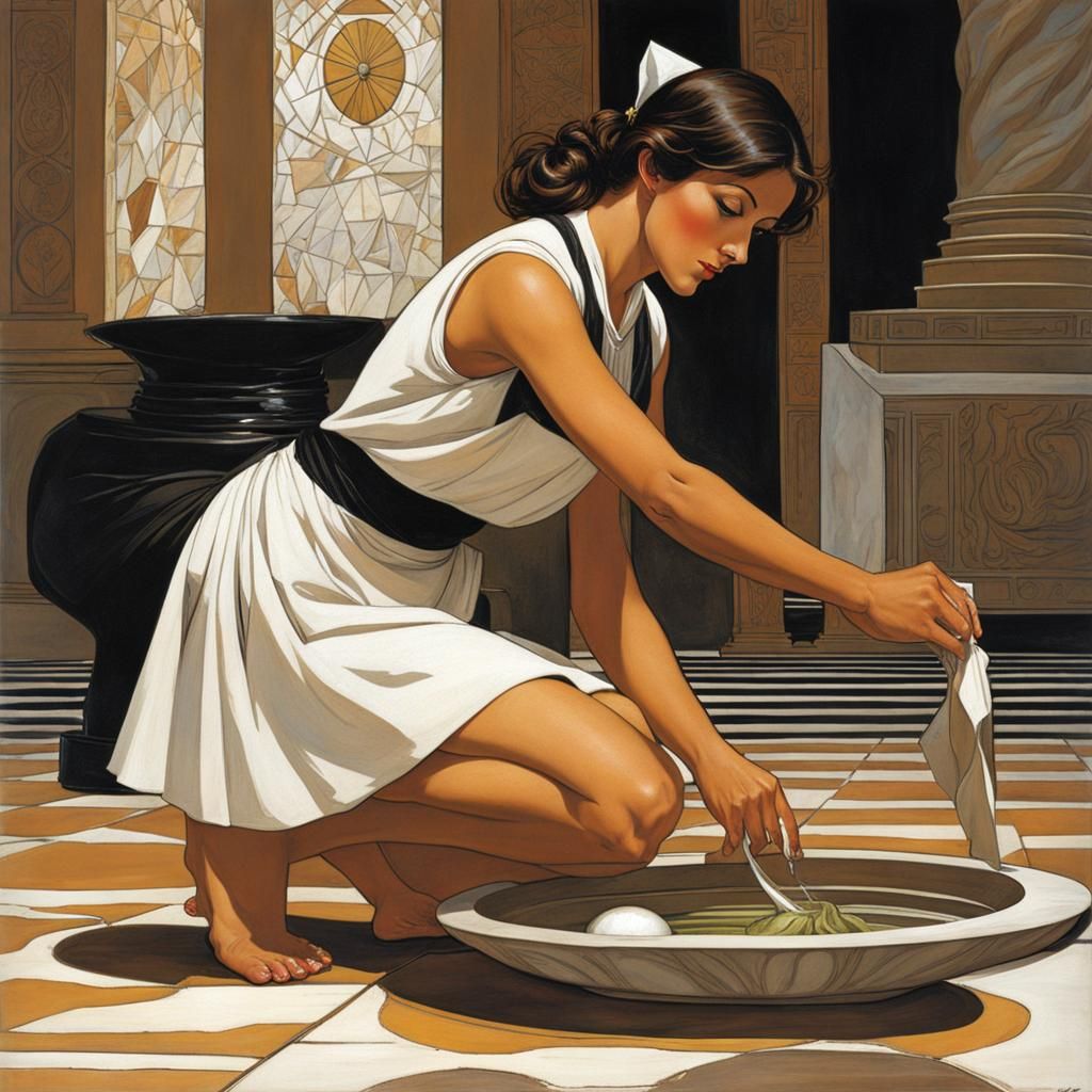 Maid Washing Floor in Moebius Style