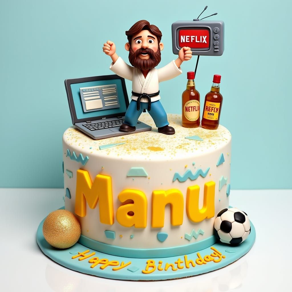 Vibrant Birthday Cake with Whimsical Illustrations and Geome...