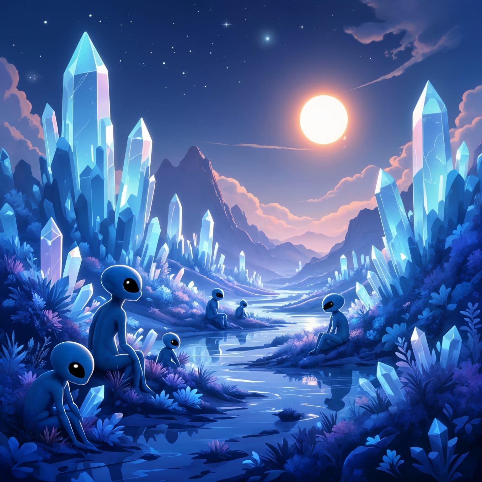 Alien Planet Surface with Crystalline Flora and Gentle Creat...