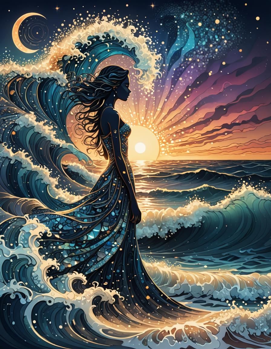 Ocean Waves and Shadowy Figure Tattoo Design