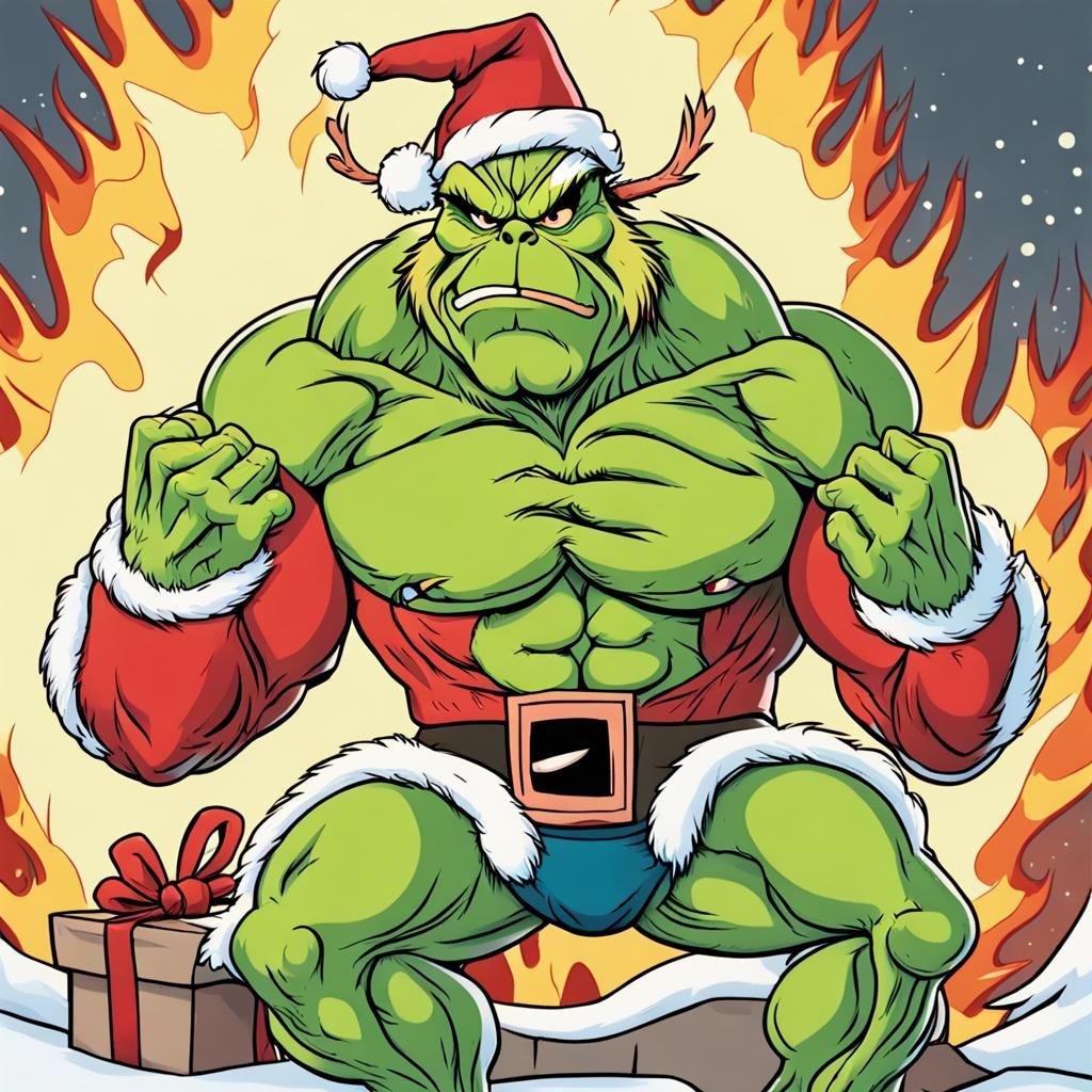 Muscular Grinch Burns Christmas Tree