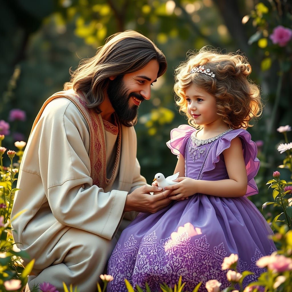 Jesus in Gentle Moment with Little Girl in Purple Princess D...