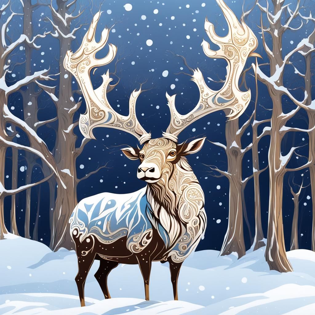Ornate Antlered Caribou in Winter Snow