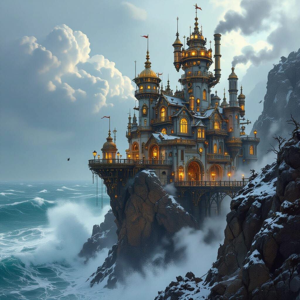 Steampunk Castle on a Raging Ocean Coast