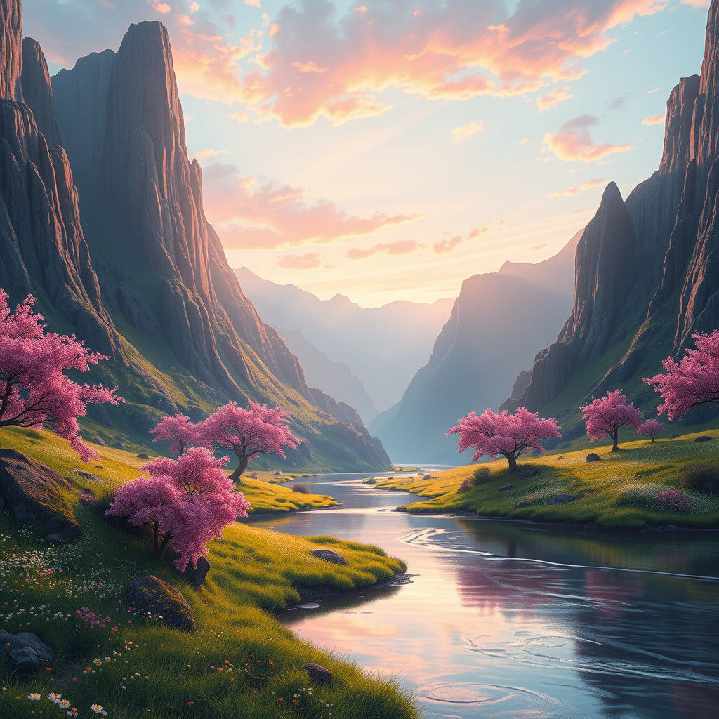 Ethereal Landscape with River at Sunset: Digital Painting