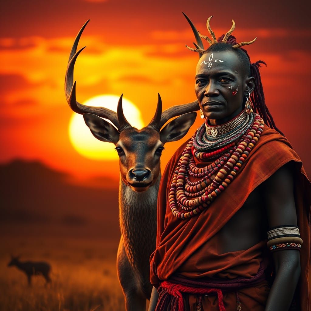 Hyperrealistic Maasai Warrior and Mystical Deer