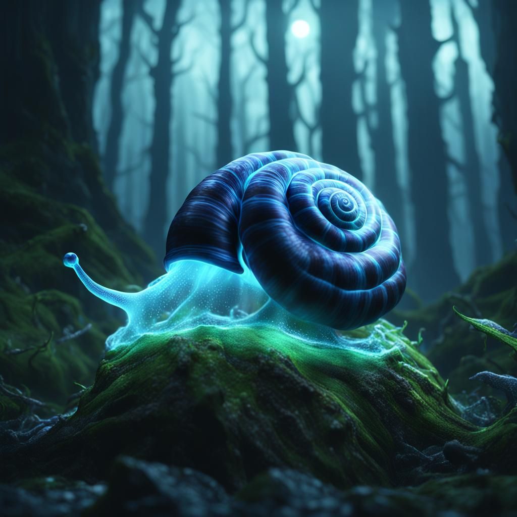 Giant Glowing Snail in Misty Forest: Dark Fantasy