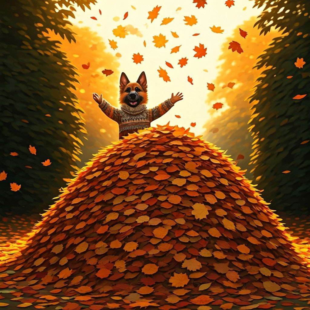 German Shepherd and Boy Playing in Autumn Leaves