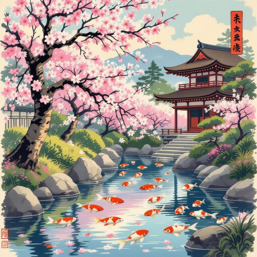 Serene Japanese Garden in Ukiyo-e Style