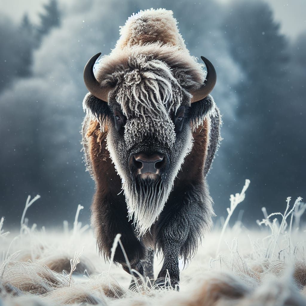 Majestic Snow-Covered Bison Strolls Across Frosty Field