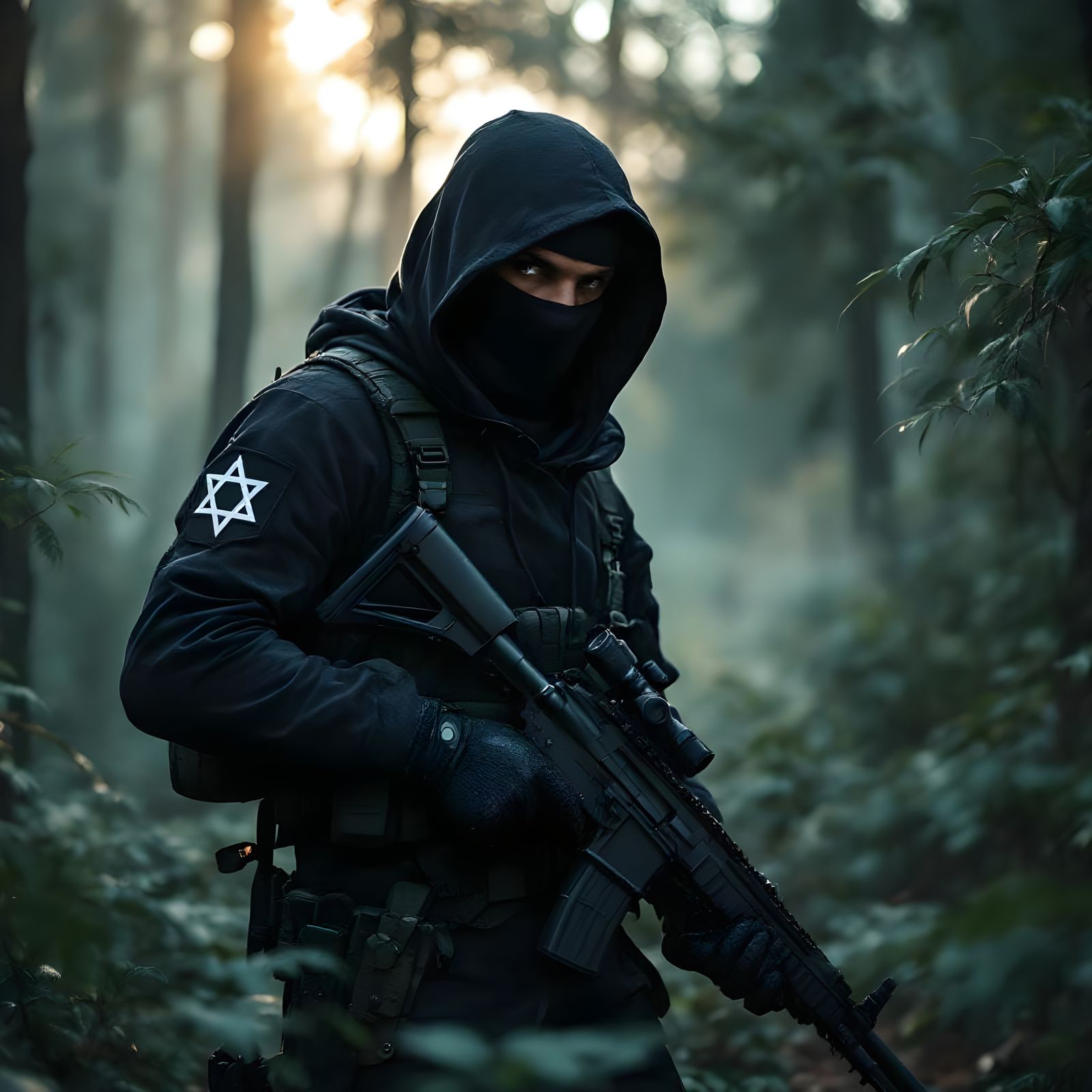 Mysterious Soldier in Dark Forest, Cinematic Image