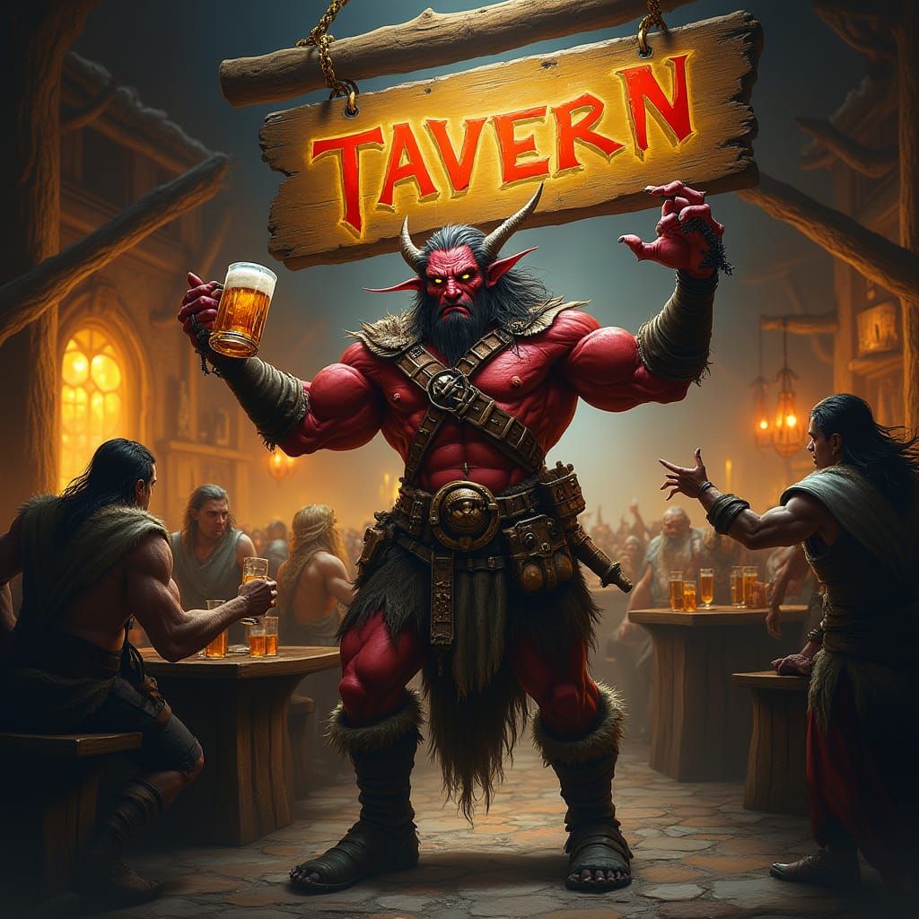 Tiefling Barbarian Cheers in Tavern Scene