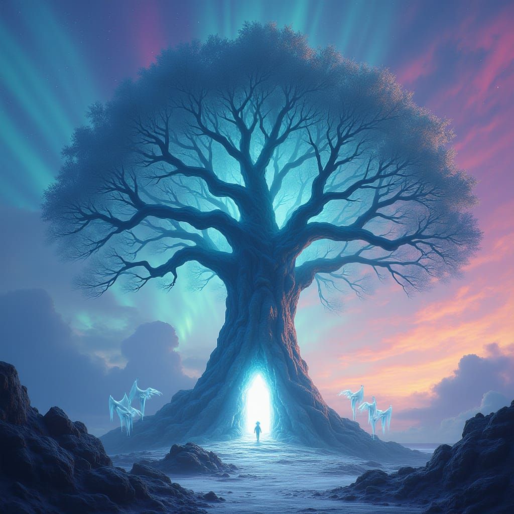 Crystal Tree Under Aurora Borealis With Energy Portal