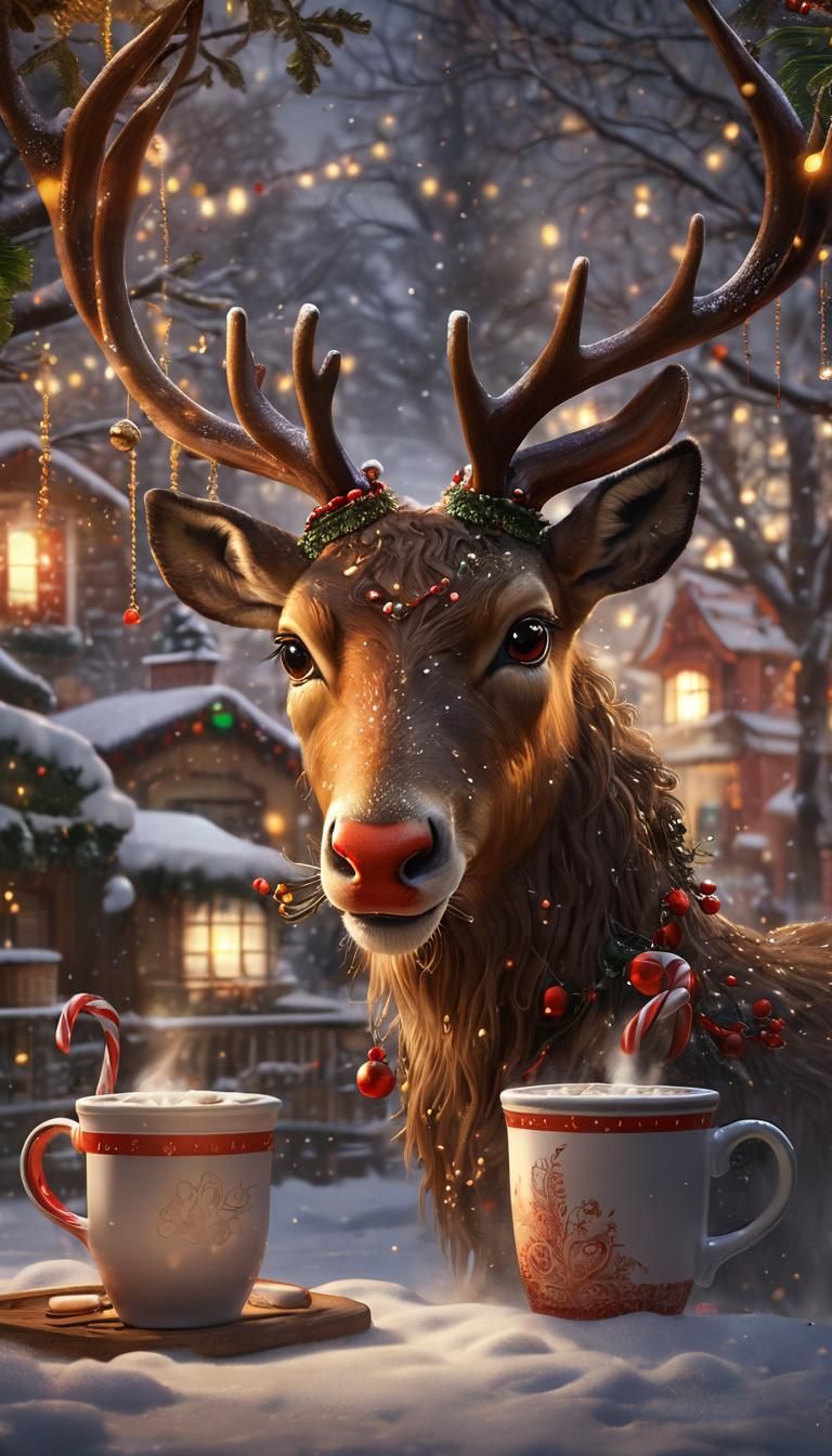 Whimsical Holiday Moment with Reindeer and Hot Chocolate in...