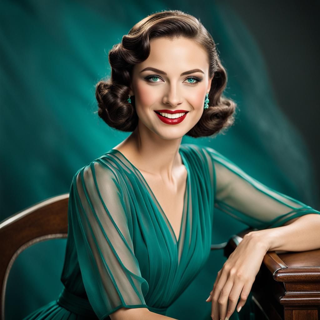 Glamorous Woman in Emerald Dress at Cafe