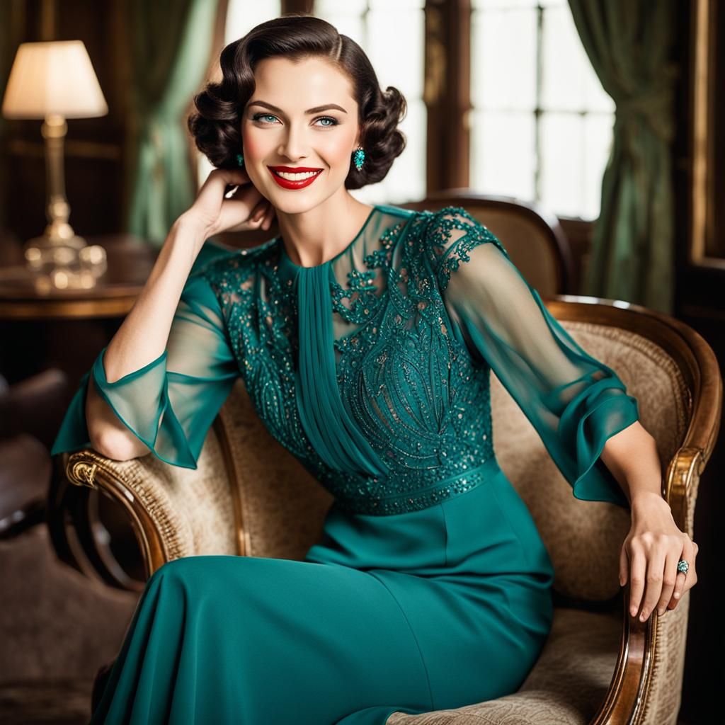 Glamorous Woman in Emerald Dress at 1930s Cafe