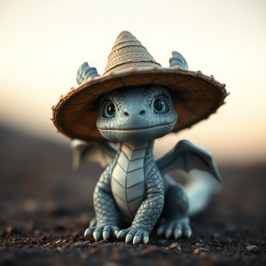 Cute Gray Dragon with Sombrero: Cinematic Still