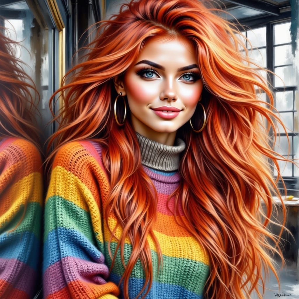 Vibrant Woman with Rainbow Sweater, Watercolor Acrylic Style