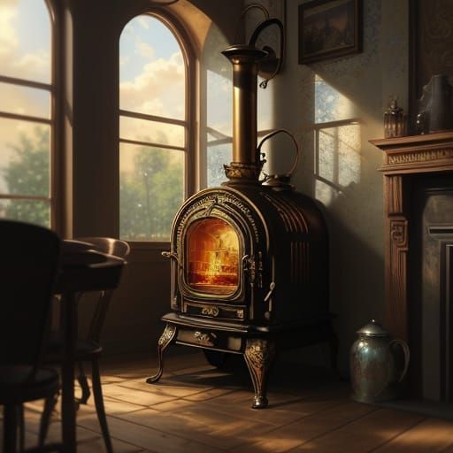 Whimsical Steampunk Ceramic Stove in Warm Golden Light