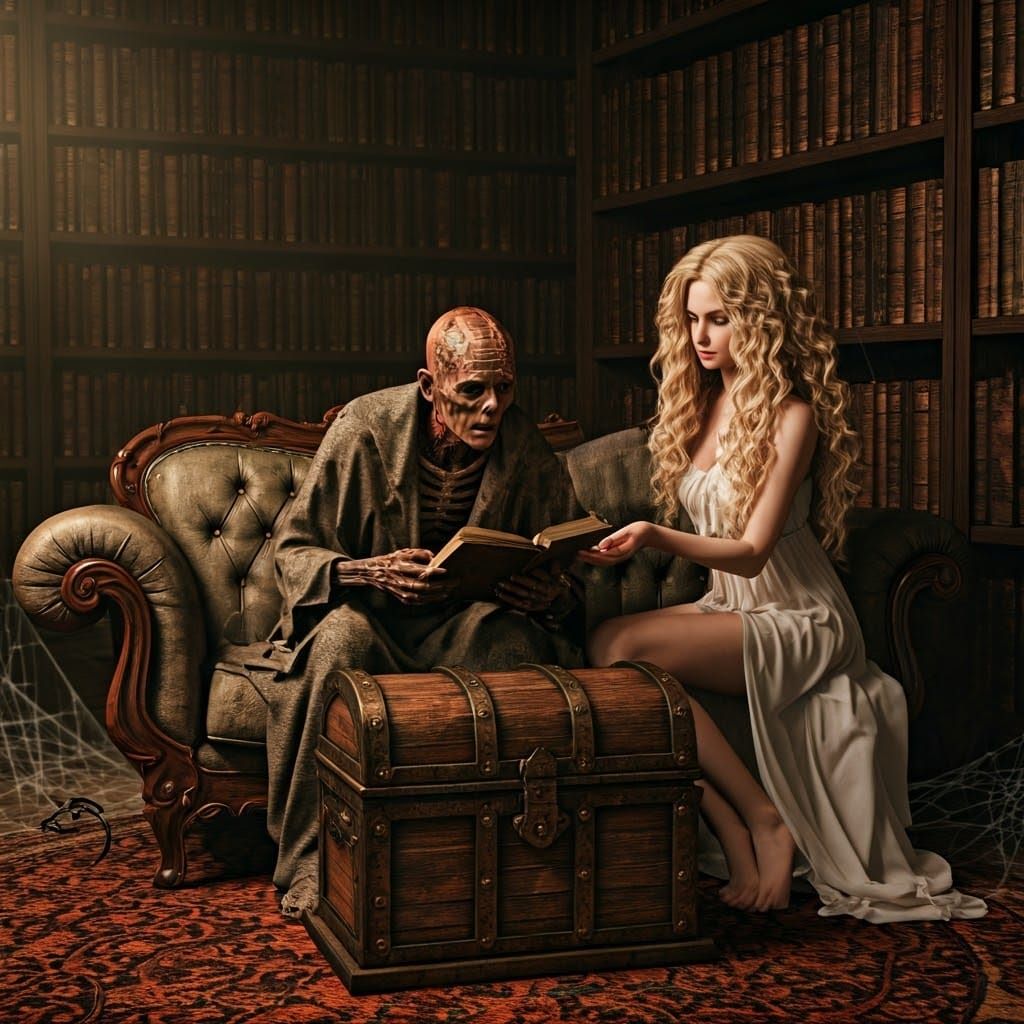 Ancient Man in Dark Shelter with Treasure Chest and Stunning...