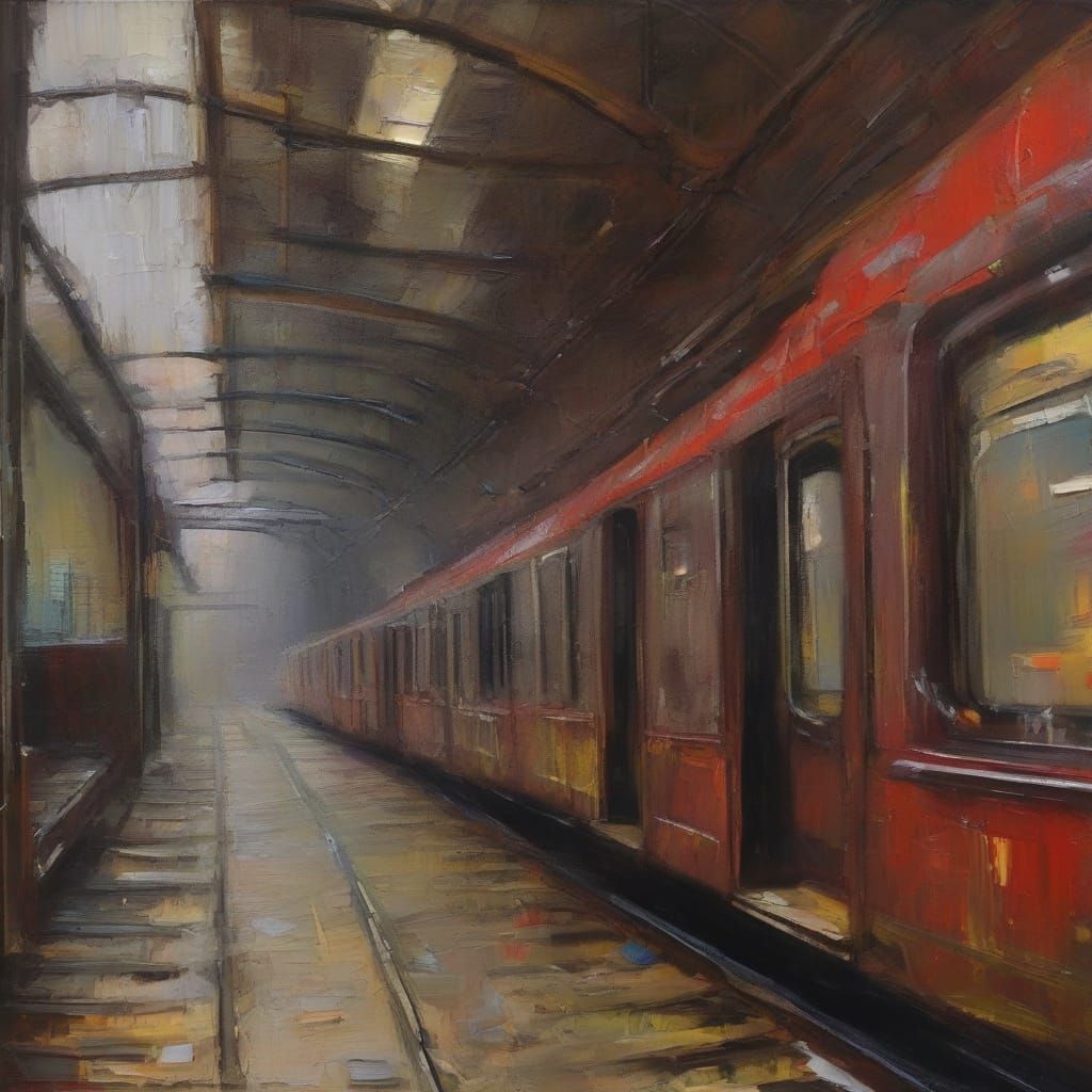 Expressionist Painting of Person Diving Under Train