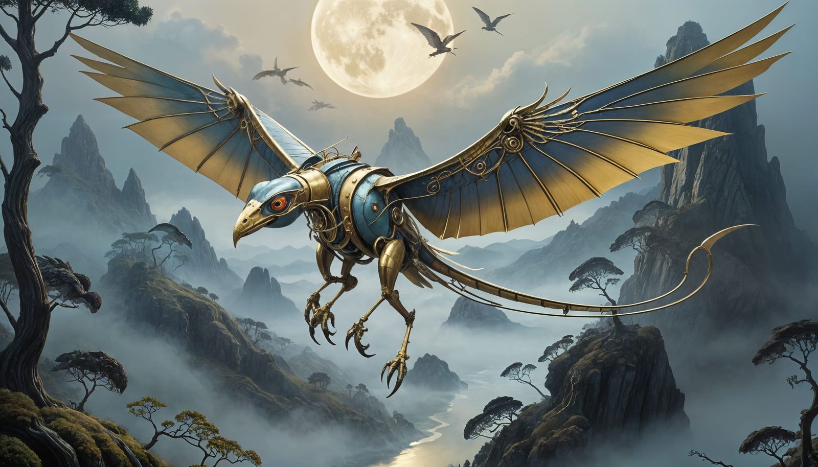 Fantastical Ornithopter in Flight, Art Nouveau Style