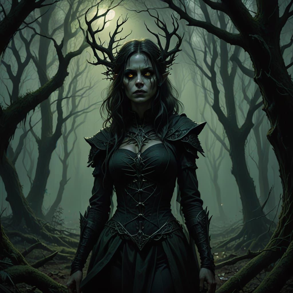 Gothic Woman in Dark Fantasy Forest