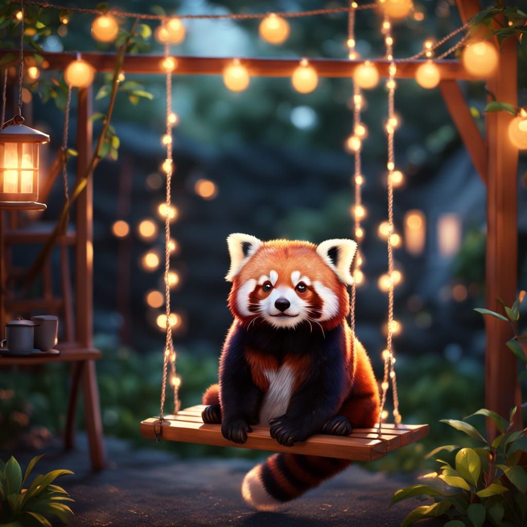 Red Panda Sips Tea Under Backyard String Lights