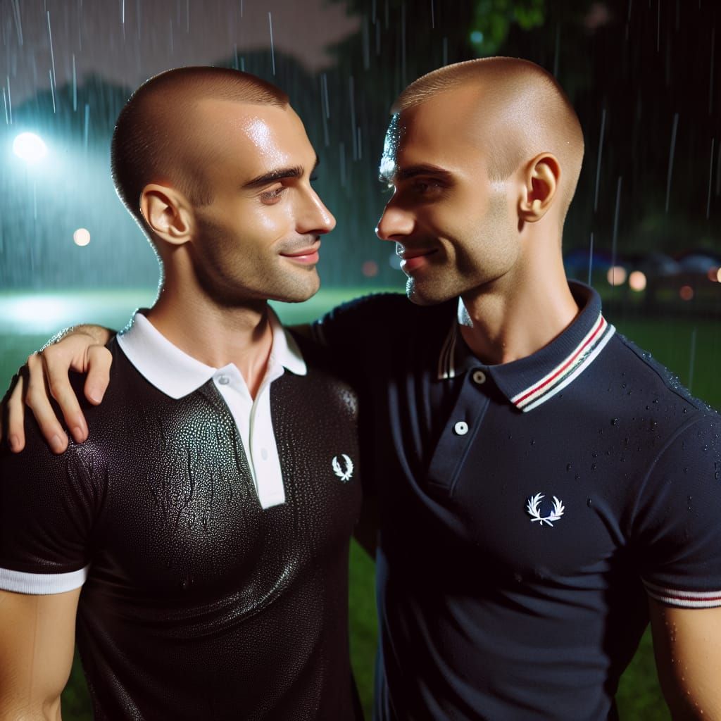 Skinheads in love at a rainy night in the park