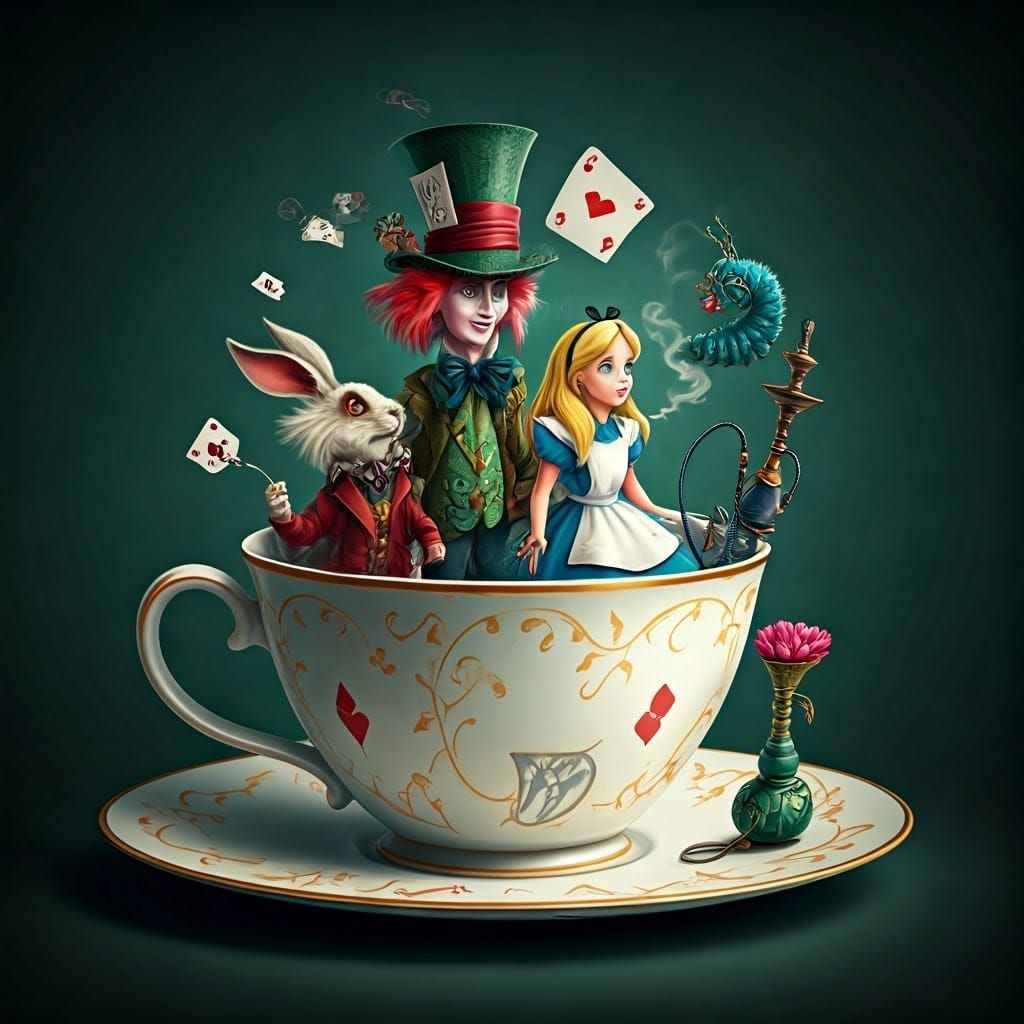 Inside a teacup is Wonderland With Alice, the Mad Hatter, the Cheshire Cat, the March Hare, the Queen of Hearts, and a c...