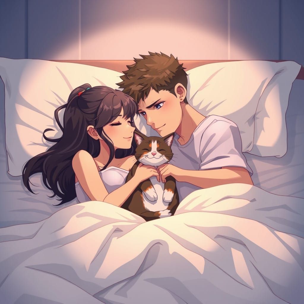 Charming Anime Couple Snuggled in Bed with a Curious Cat