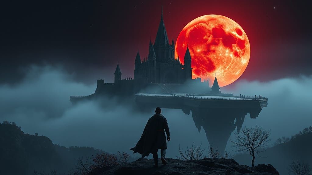 Floating Citadel Under Blood Moon in Anime Style