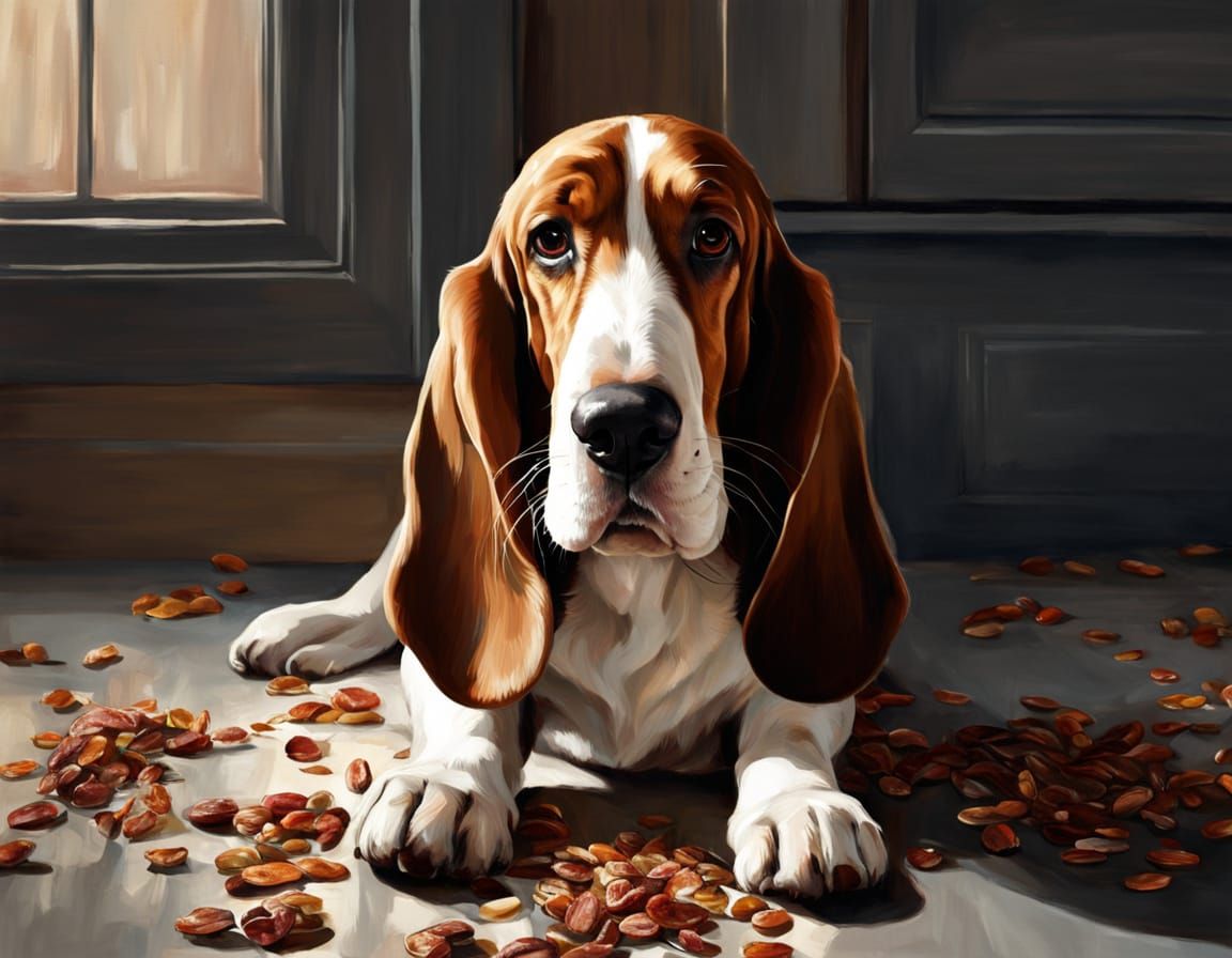 Basset Hound's Messy Kitchen Scene in Playful Realism Style