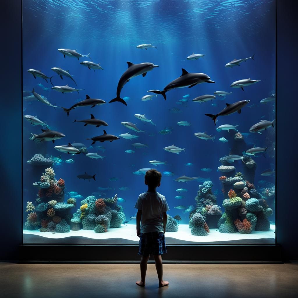 Boy Stares at Aquarium with Fish and Dolphins